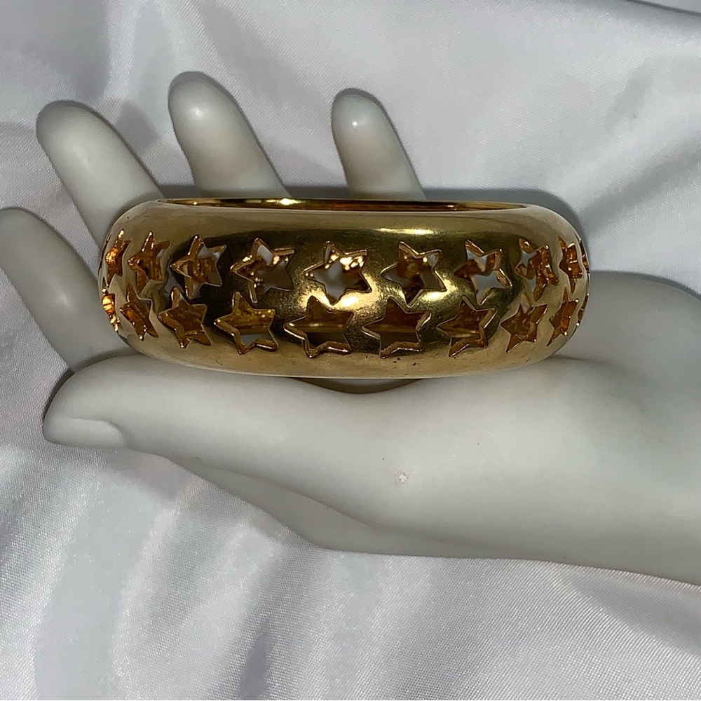 SAINT LAURENT PARIS 14k gold plated WIDE CUFF BRACELET die cut STAR motif RARE!